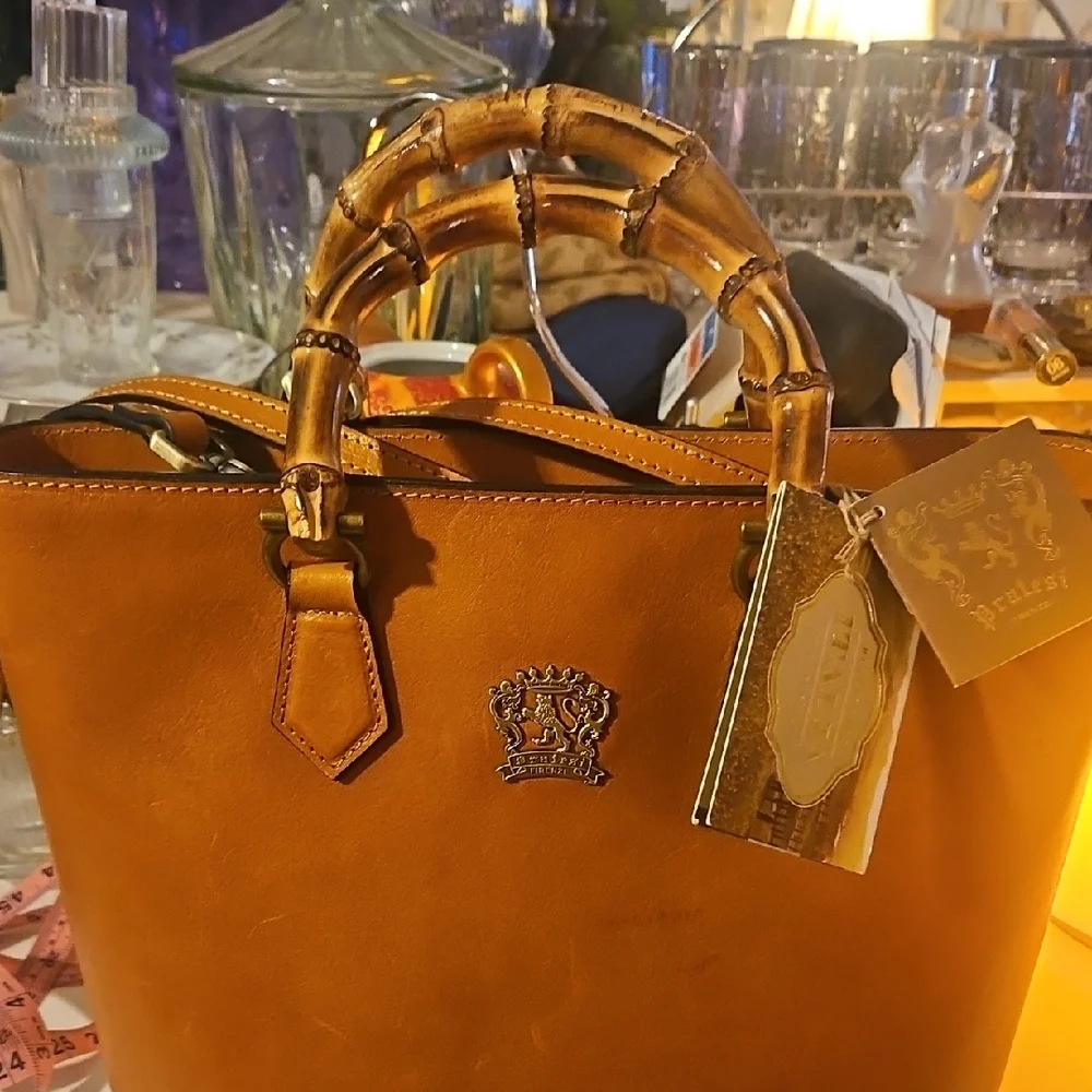 Pratesi Cognac Leather Tote with Genuine Bamboo Handles - Picture 4 of 10